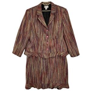 Vintage Skirt Suit Set Plus Size 24 Rainbow Knit Tweed Ruffle Skirt 2 Pc Set 90s